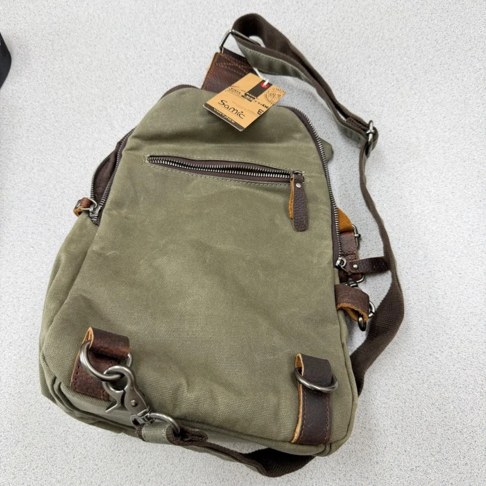 Samic Vintage Mens Waxed Canvas Leather Sling Bag Crossbody Backpack Olive Green